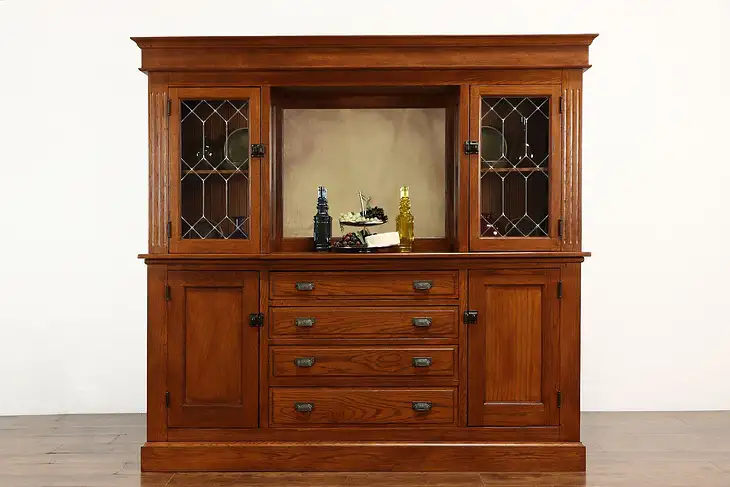 Oak Antique Farmhouse Kitchen Pantry Cupboard, Back Bar, China Cabinet #36958