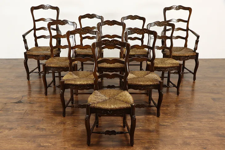 Farmhouse Set of 10 Country French Rush Seat Dining Chairs, Trouvailles #37272
