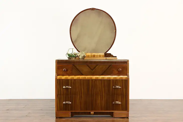 Art Deco Vintage Waterfall Dresser or Chest & Mirror, Original Bakelite #37550