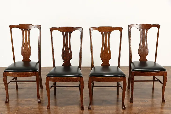 Set of 4 Carved Quarter Sawn Oak Antique Dining Chairs, Leather Seats #37656