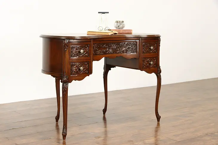 French Style Vintage Carved Walnut Kidney Shape Desk #34920