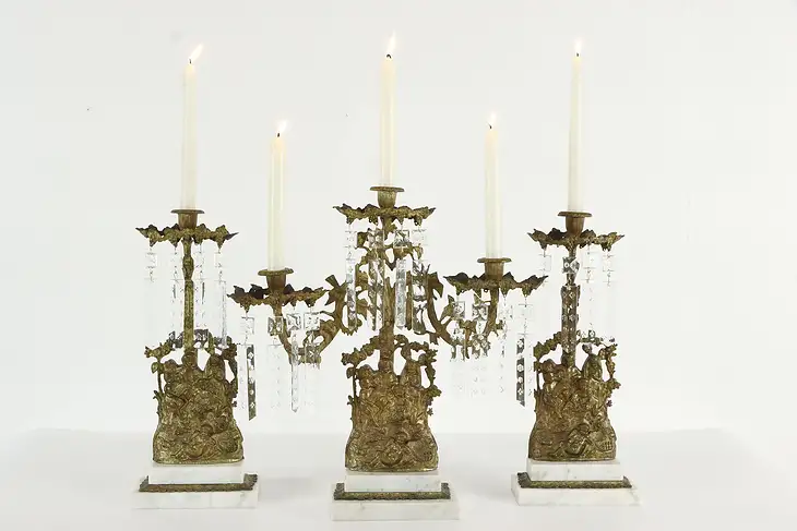 Victorian Antique 3 Pc Girandole Candelabra Set, Marble & Cherubs #37762