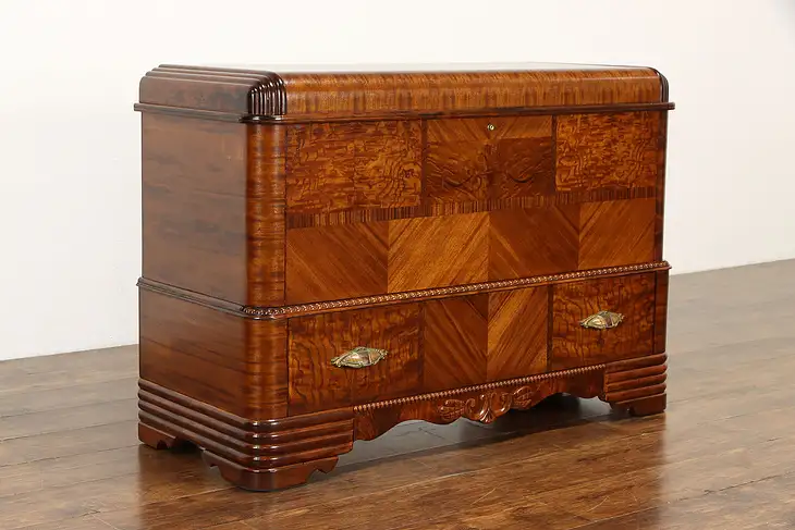 Art Deco Waterfall Vintage Cedar Chest or Trunk, Rosewood Banding, Drawer #37972