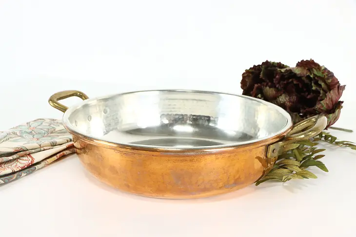Hammered Copper Vintage Italian Roasting Pan, Brass Handles #38151