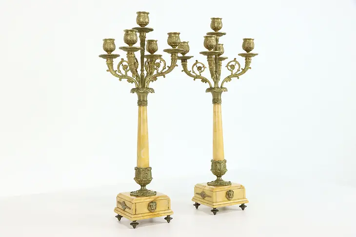 Classical Pair of 5 Candle  Brass & Marble Antique Candelabra #37877