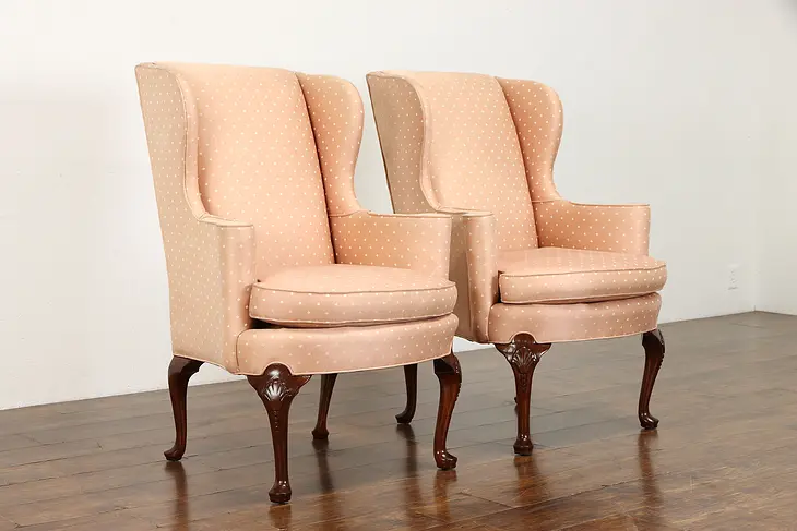 Pair of Georgian Design Vintage Mahogany Wingback Chairs, Sherrill #38021