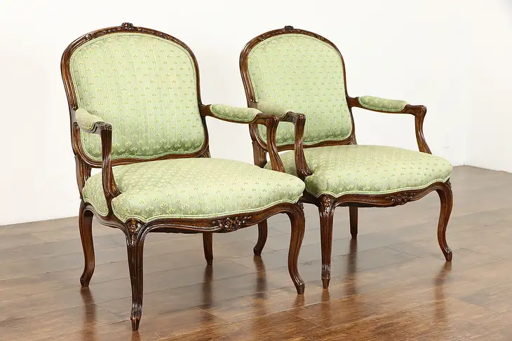 Pair of Vintage Farmhouse Carved Beech French Provincial Chairs #38188