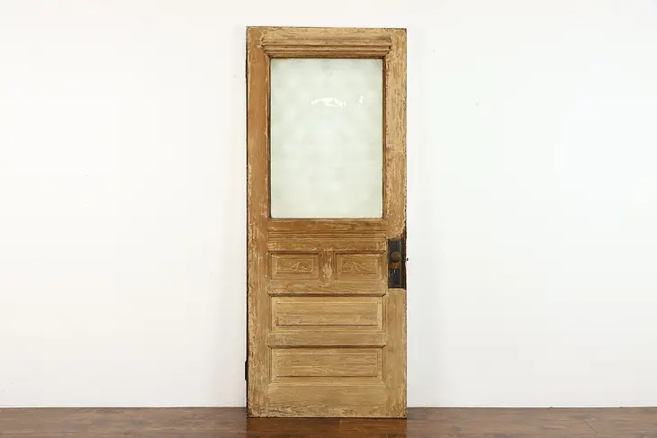 Farmhouse Antique Country Pine Architectural Salvage Door, Etched Glass #38244
