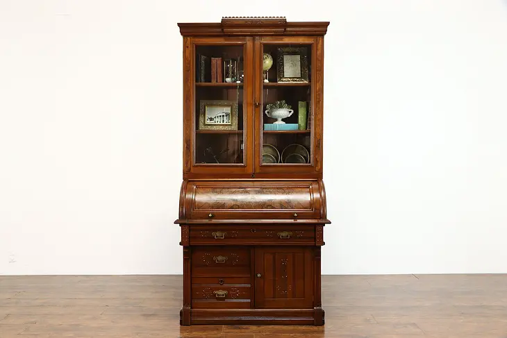 Victorian Eastlake Antique Walnut Cylinder Secretary Desk & Bookcase #38258