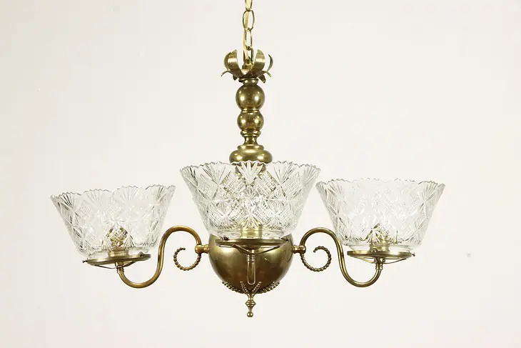 Victorian Antique Brass 4 Light Chandelier, Cut Glass Shades #33864