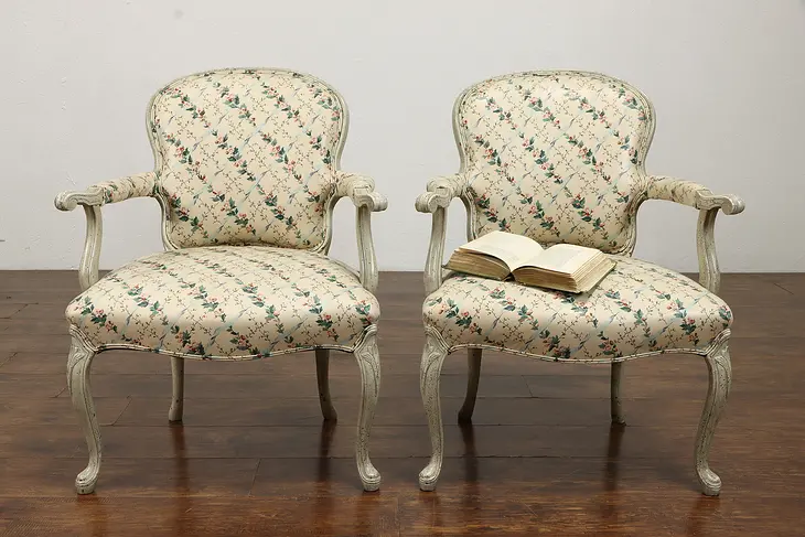 Pair of Farmhouse Country French Hand Painted, Carved Vintage Chairs #38382
