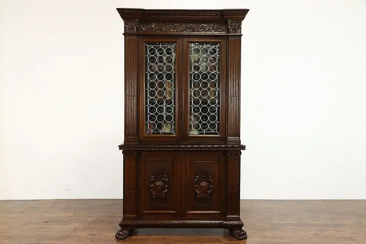 Italian Antique Rondel Glass Carved Walnut China Cabinet or Bookcase #36132