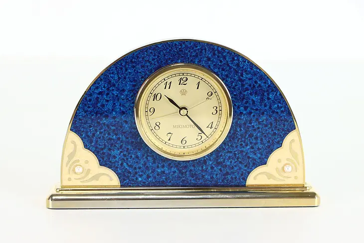 Art Deco Vintage Blue Enamel, Pearl, Gold Plate Brass Clock, Mikimoto #38456