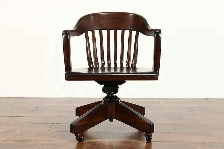 Walnut 1940 Vintage Swivel Adjustable Office Desk Chair #36987
