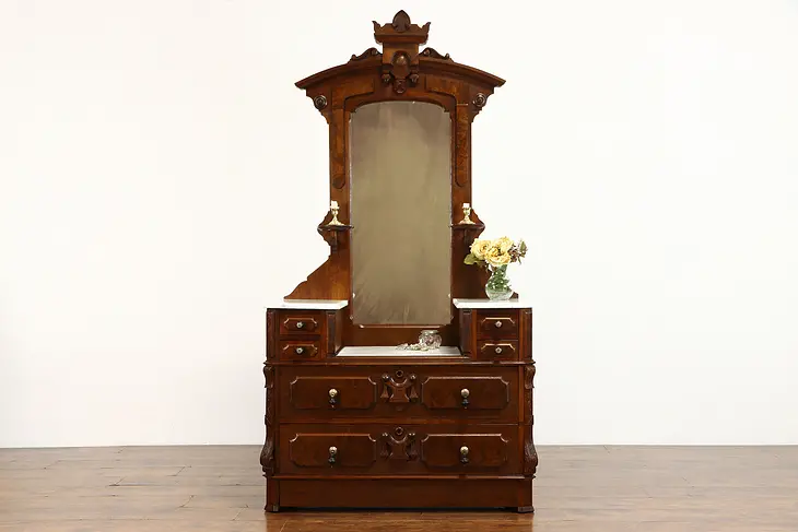 Victorian Renaissance Antique Walnut Marble Top Chest or Dresser & Mirror #37667
