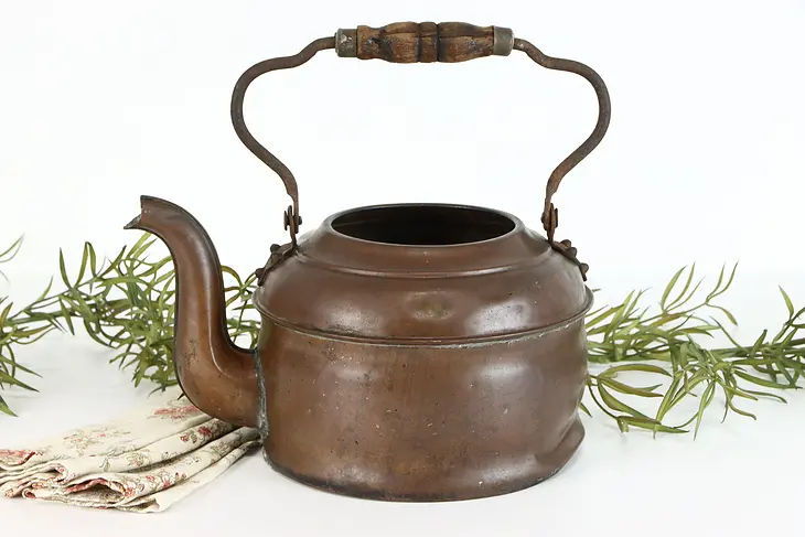 Copper Hand Hammered Farmhouse Antique Teapot, Kettle, Wood & Iron Handle #37841