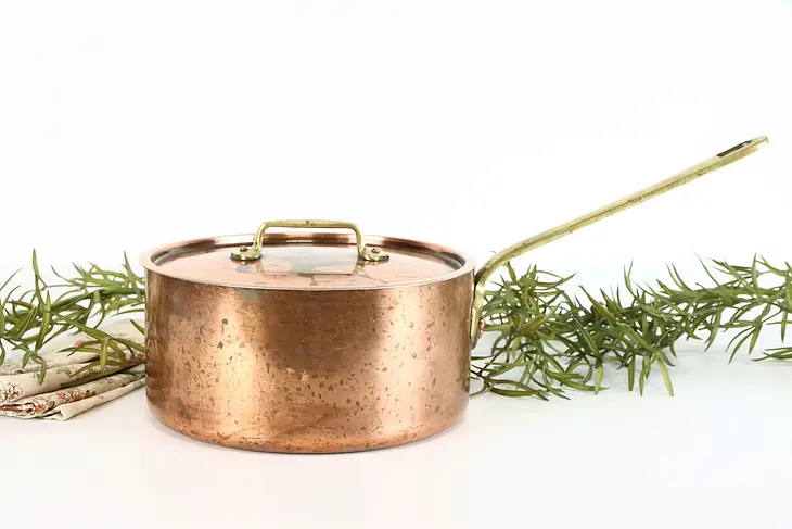 Copper Farmhouse Vintage Kettle & Lid, Brass Handles, Stainless Lined #38096