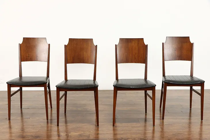 Set of 4 Midcentury Modern Vintage Walnut Dining Chairs, Pleated Vinyl #38124