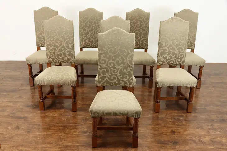 Set of 8 Solid Oak Vintage Dining Chairs, Newly Upholstered #38404