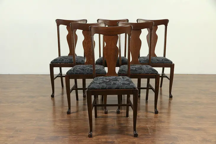 Set of 6 Antique Quarter Sawn Oak Dining Chairs, Paw Feet New Upholstery #38594