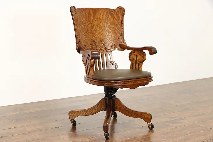 Quarter Sawn Oak  Antique Office or Library Swivel Chair, Leather, Meyer #37108