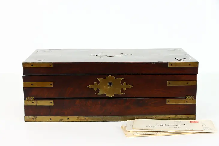 English Victorian Mahogany Antique Portable Travel Lap Desk, Brass Inlay #37941
