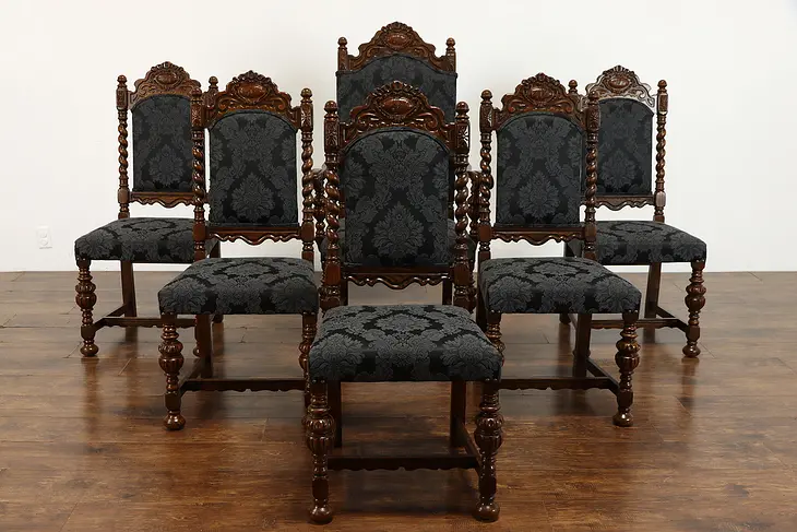Renaissance Oak Antique Set of 6 Carved Dining Chairs, New Upholstery #38479