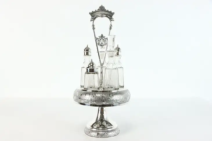 Victorian Antique Silverplate Crystal Cruet, Castor Condiment Set, Aurora #33805