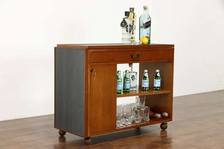 Midcentury Modern Teak Rolling Bar Cart Cabinet Server, Faux Slate Dunbar #38497