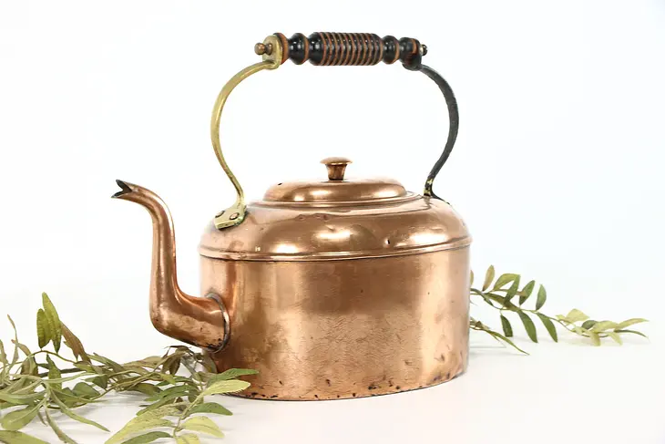 Copper Country Farmhouse Antique Oval Tea Kettle, Wood & Brass Handle #38588