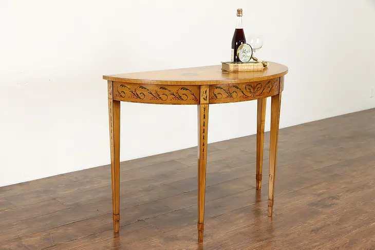 Georgian Design Hand Painted Demilune Console Table, Banded Satinwood #38963