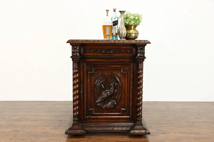 Black Forest Antique Carved Oak Bar or Hall Cabinet, Carved Bird  #38717