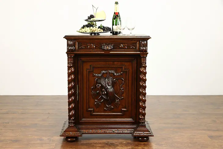 Black Forest Antique Carved Oak Bar or Hall Cabinet, Carved Dragon #38718