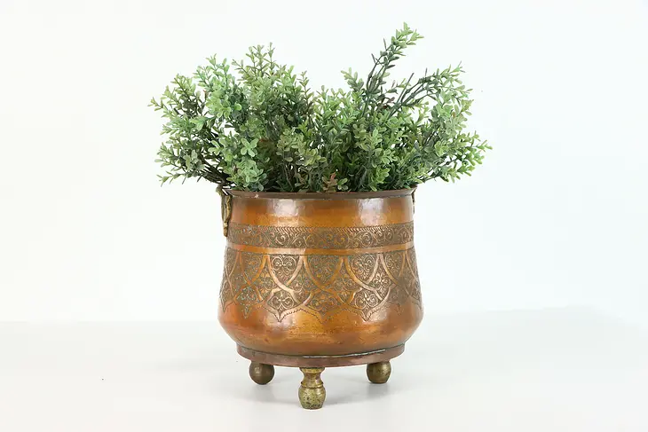 Copper Hand Engraved Vintage Farmhouse Pot or Bucket, Brass Feet & Handle #38979