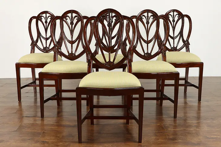 Set of 6 Georgian Vintage Shield Back Dining Chairs, New Upholstery #39071