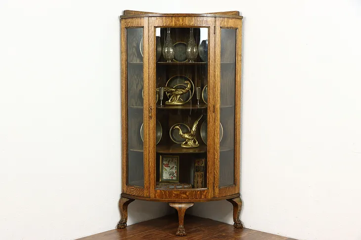 Oak Antique Curved Glass Corner Display Cabinet, Paw Feet #39118