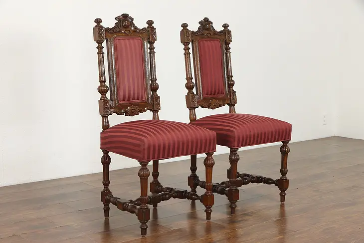 Pair of Carved Oak Antique Italian Renaissance Dining, Desk, Hall Chairs #38267