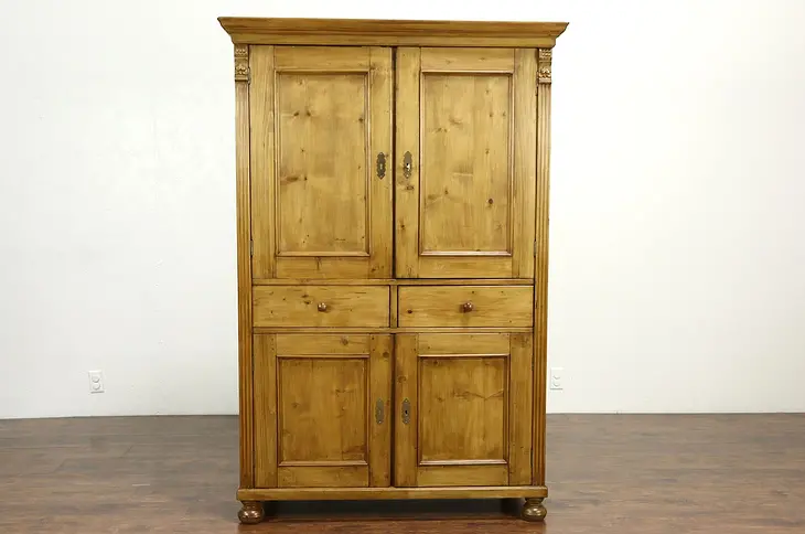 Country Pine Antique Linen Cabinet, Pantry Cupboard or Entertainment Armoire