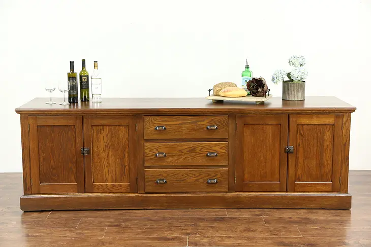 Oak 1900 Antique 8' Kitchen Counter, Sideboard or TV Console Cabinet