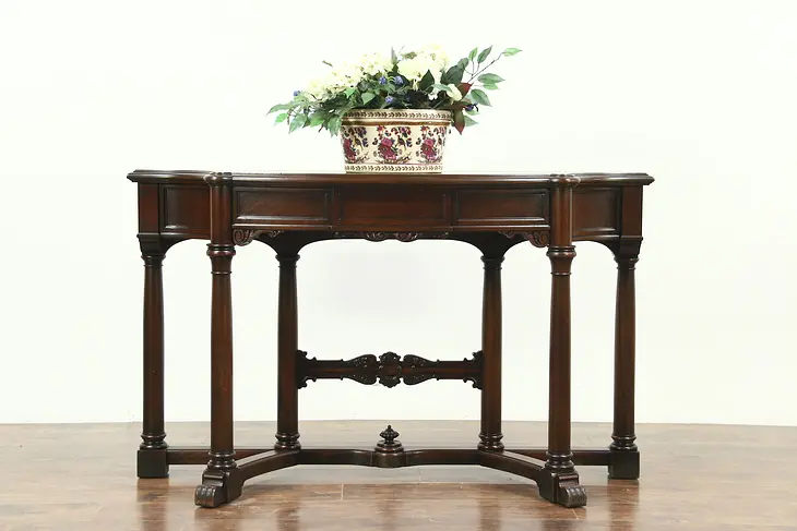 Classical Walnut Hall Console Table, 1940 Vintage Signed Karpen, Shaped Columns