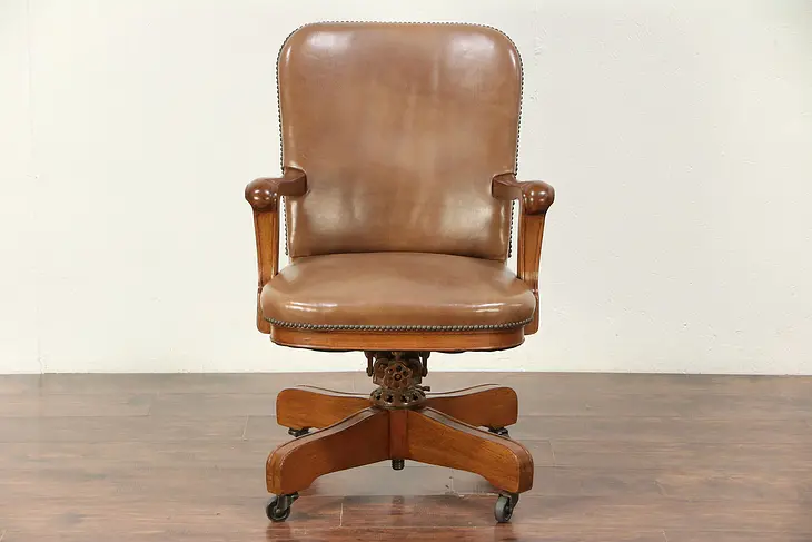 Leather Swivel Adjustable Antique Mahogany Desk Chair, Signed Milwaukee #29688