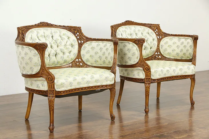 Pair of French Style Carved Vintage Chairs, Wide Seats #35649