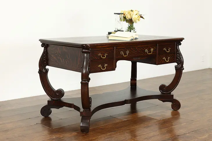 Victorian Antique Carved Quarter Sawn Oak Library Table or Office Desk #36533
