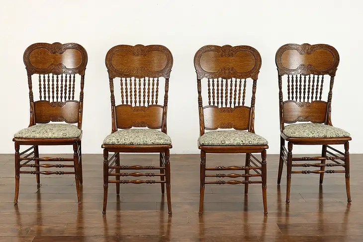 Set of 4 Victorian Antique Carved Oak Pressback Dining Chairs, New Seats #36813