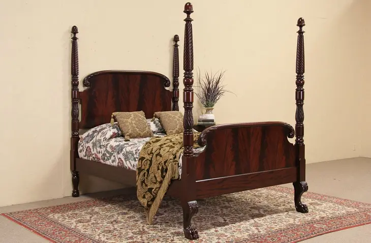 Empire 1910 Antique Carved Mahogany Full Size Poster Bed
