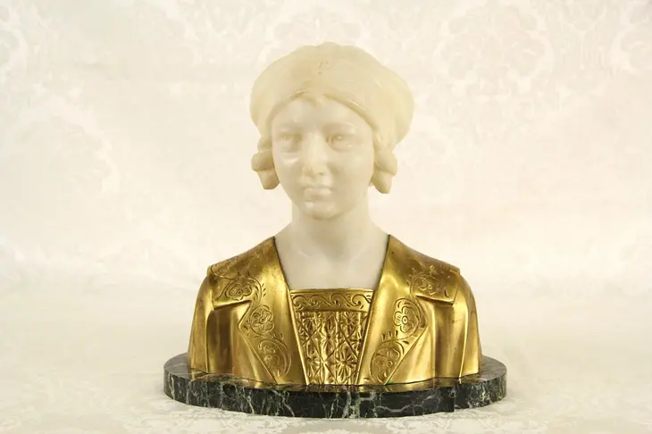 Bust of a Young Woman, Signed Castellucci-Rossi, France, 1920  Marble & B