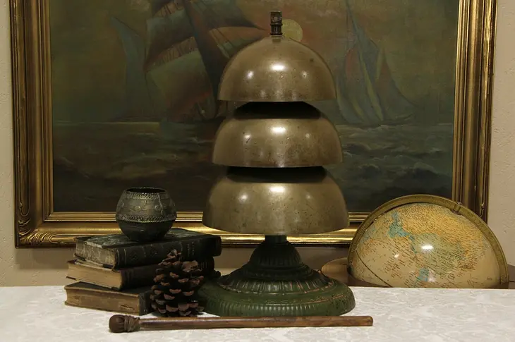 Triple 1890's Antique Bronze Bell, Embossed Cast Iron Base