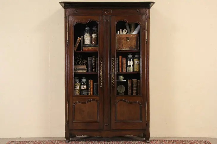 Country French Provincial 1780 Antique Oak Bookcase or China Display Cabinet