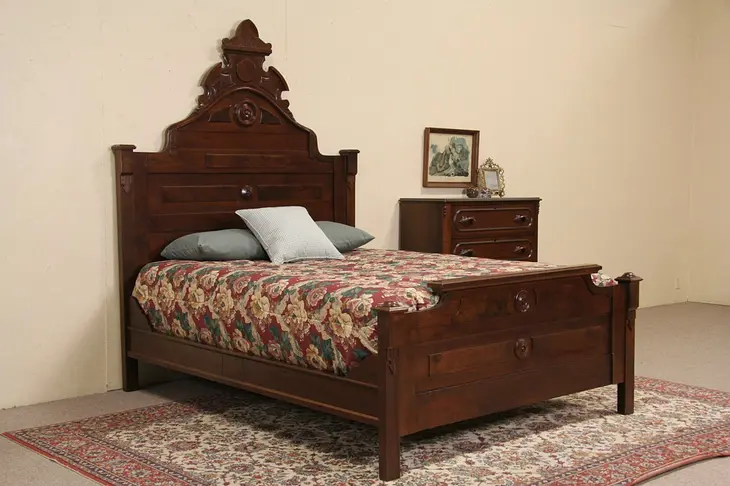 Victorian Queen Size Antique 1870 Carved Walnut Bed