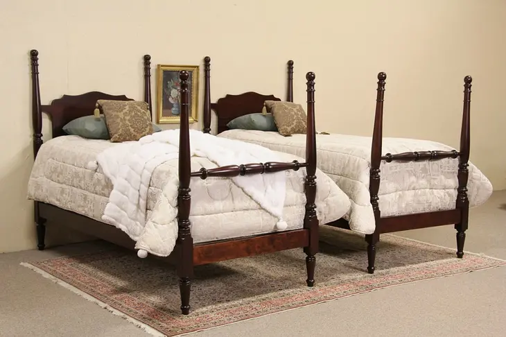Pair of 1920's Antique Mahogany Twin Size Poster Beds